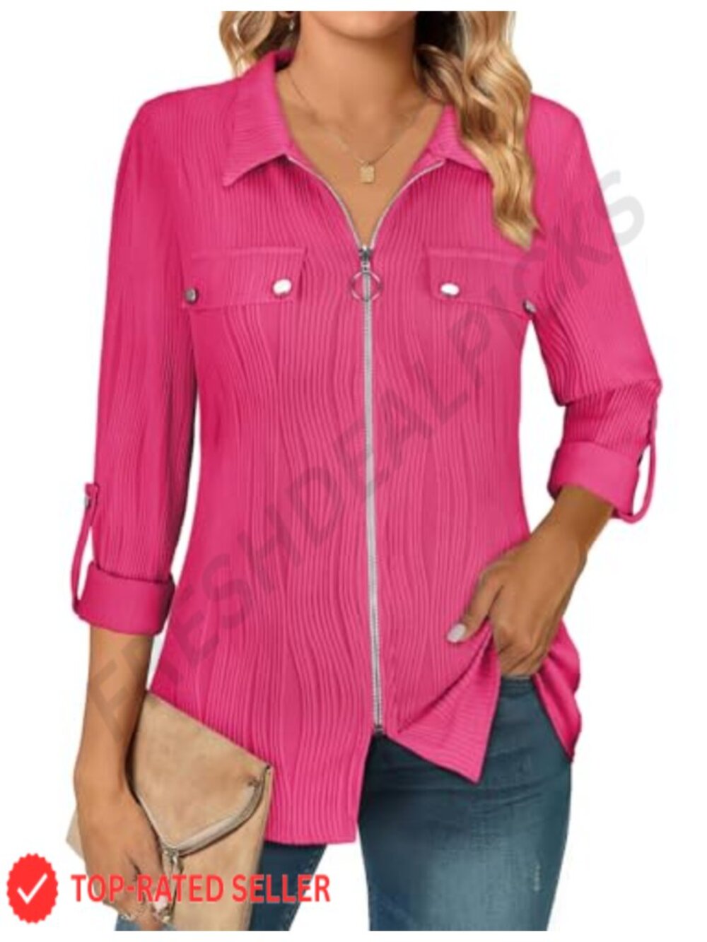Womens Business Casual Blouse Zip Front V Neck Roll Tab 3/4 Sleeve Collared Top